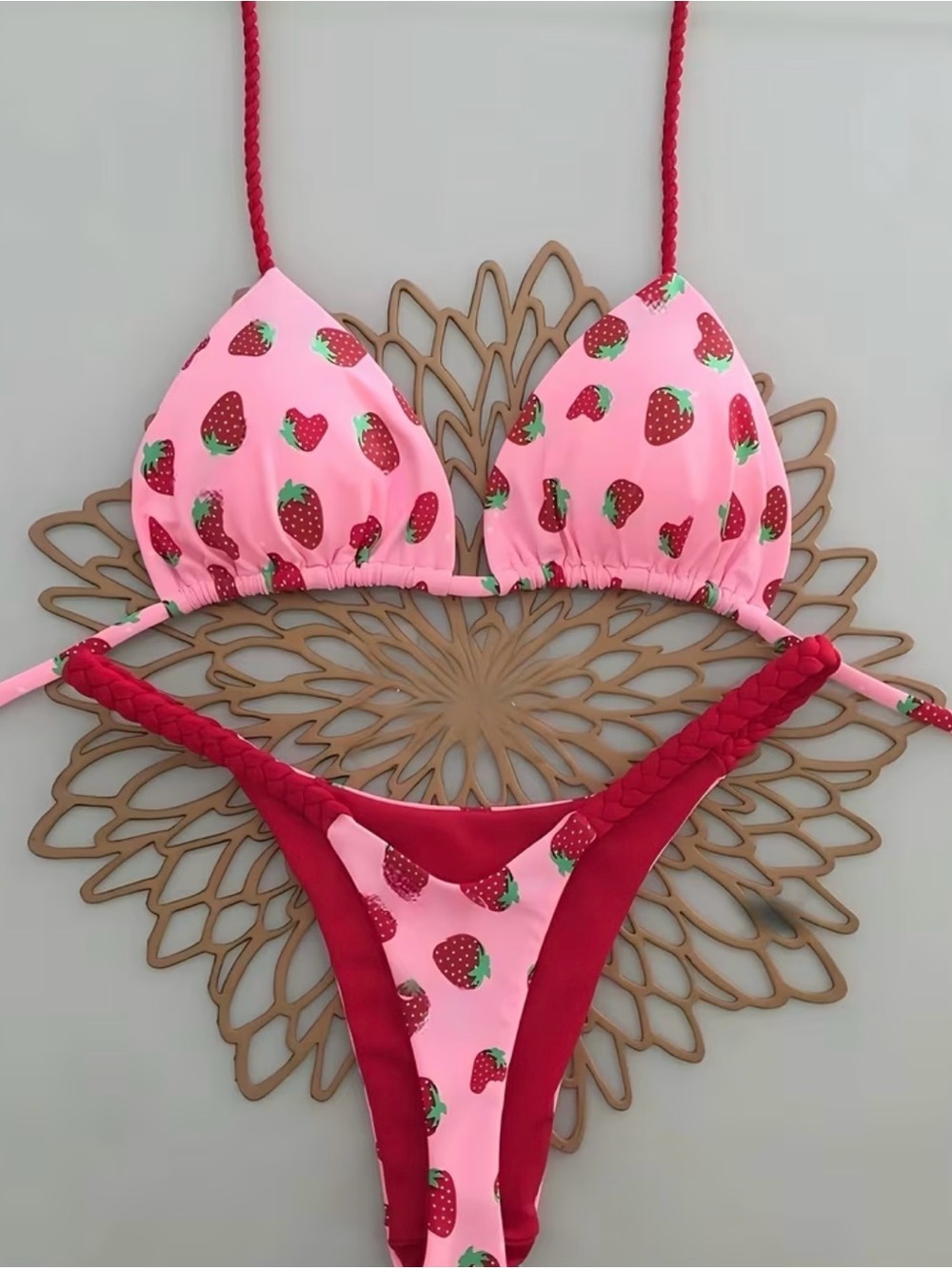 Pink Strawberry Print Triangle Bikini Set